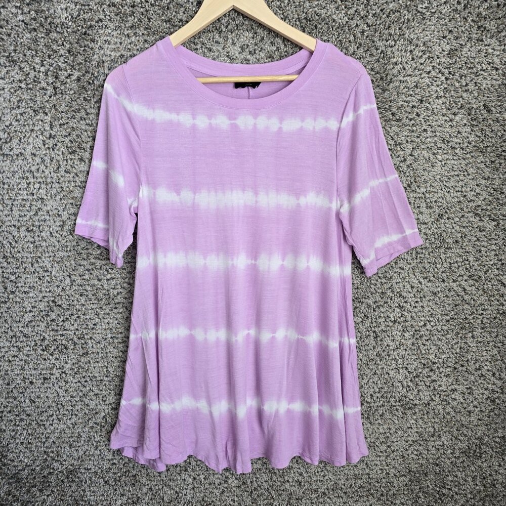 Lane Bryant Top Womens 10/12 Purple Tie Dye Tunic Crew Neck Short Sleeve Stretch